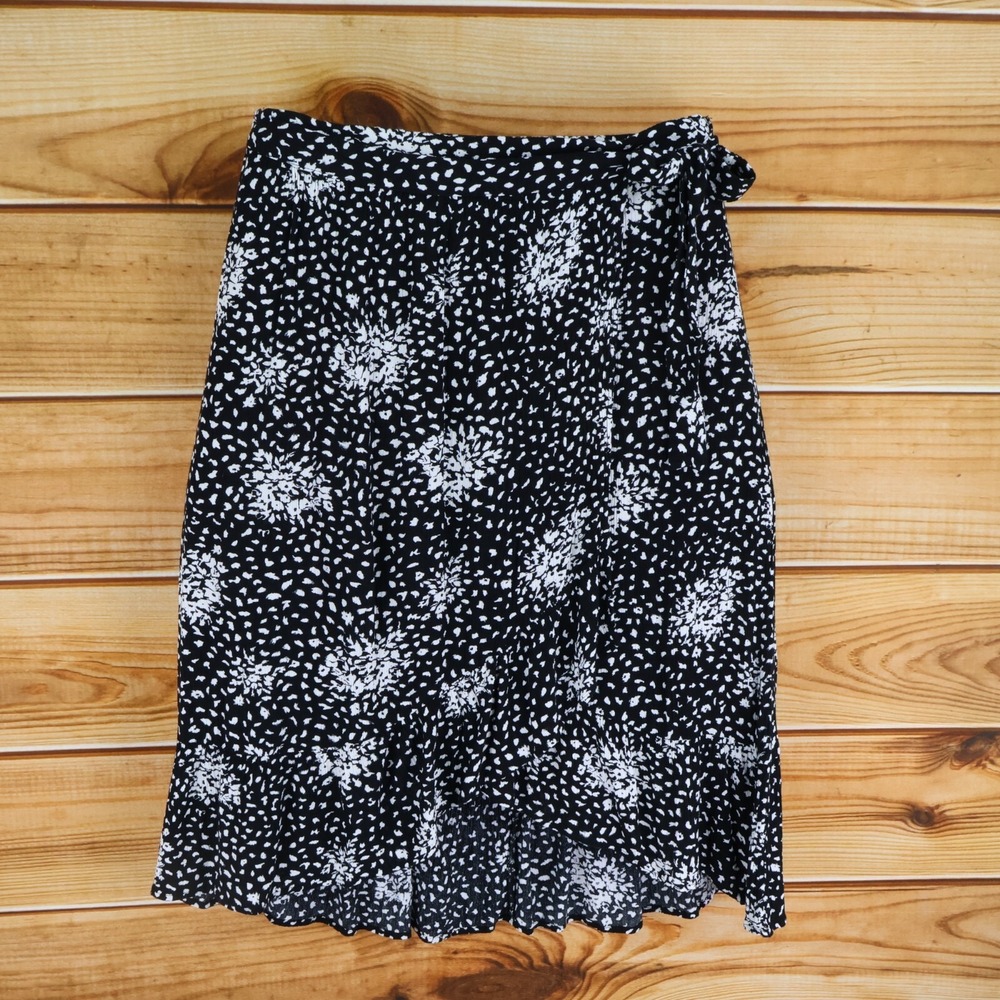 Knox Rose Wrap Skirt Womens L Black Geometric Stretch Waist Asymmetrical Hemline